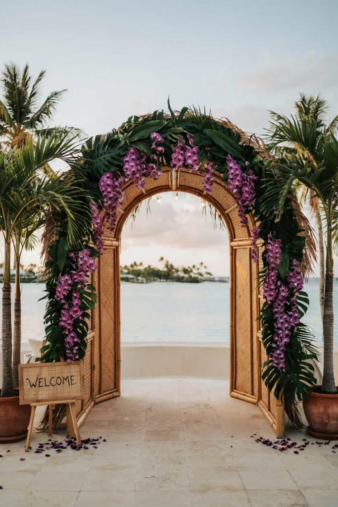 Palapa-style wedding reception backdrop with a garland of overlapping palm leaves and hanging orchids