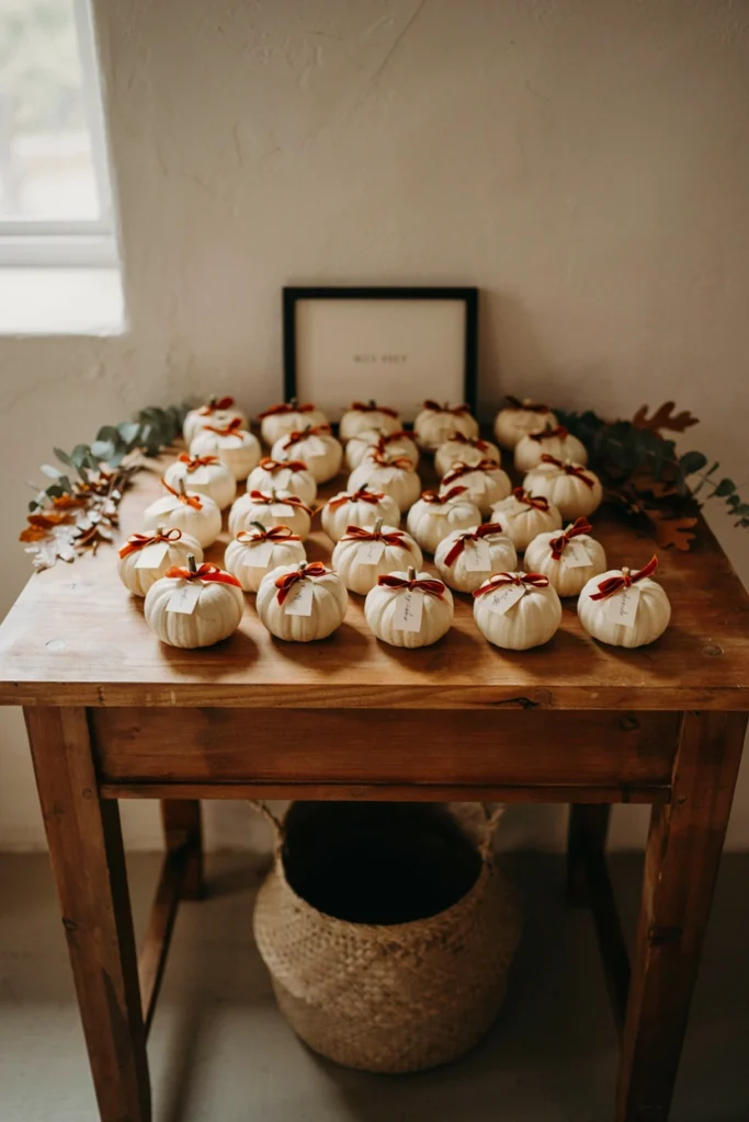 Mini white pumpkins used as fall wedding place card favors with handwritten name tags on a wooden table