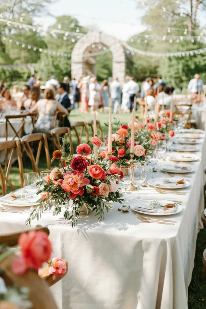Vibrant tropical-leaning tablescape with raspberry and coral florals and gold accents