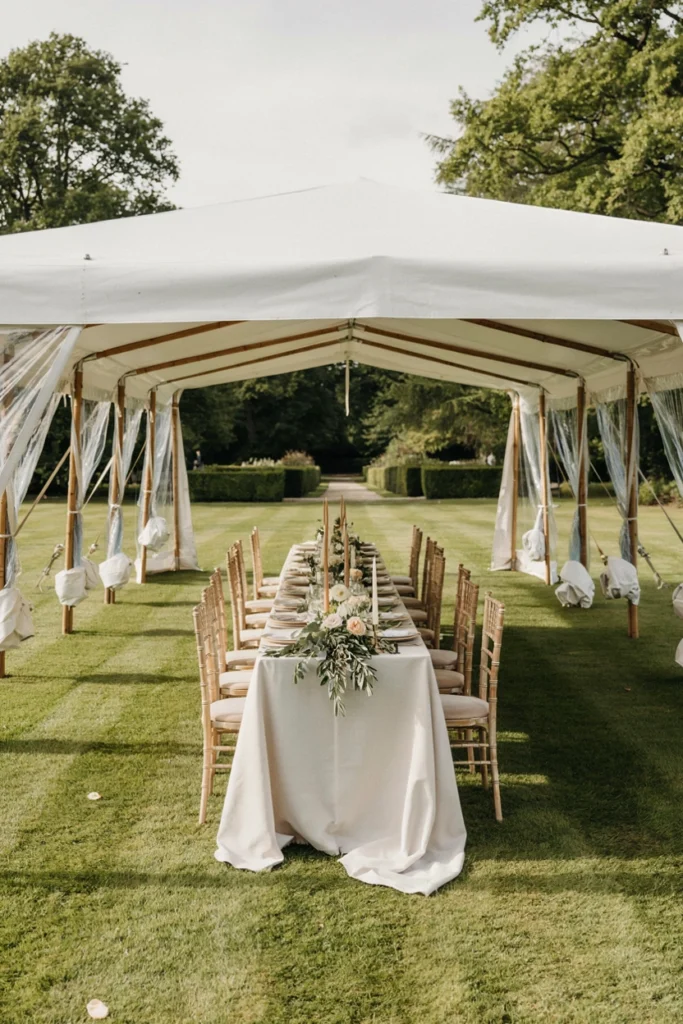 Outdoor tented wedding reception with garden views