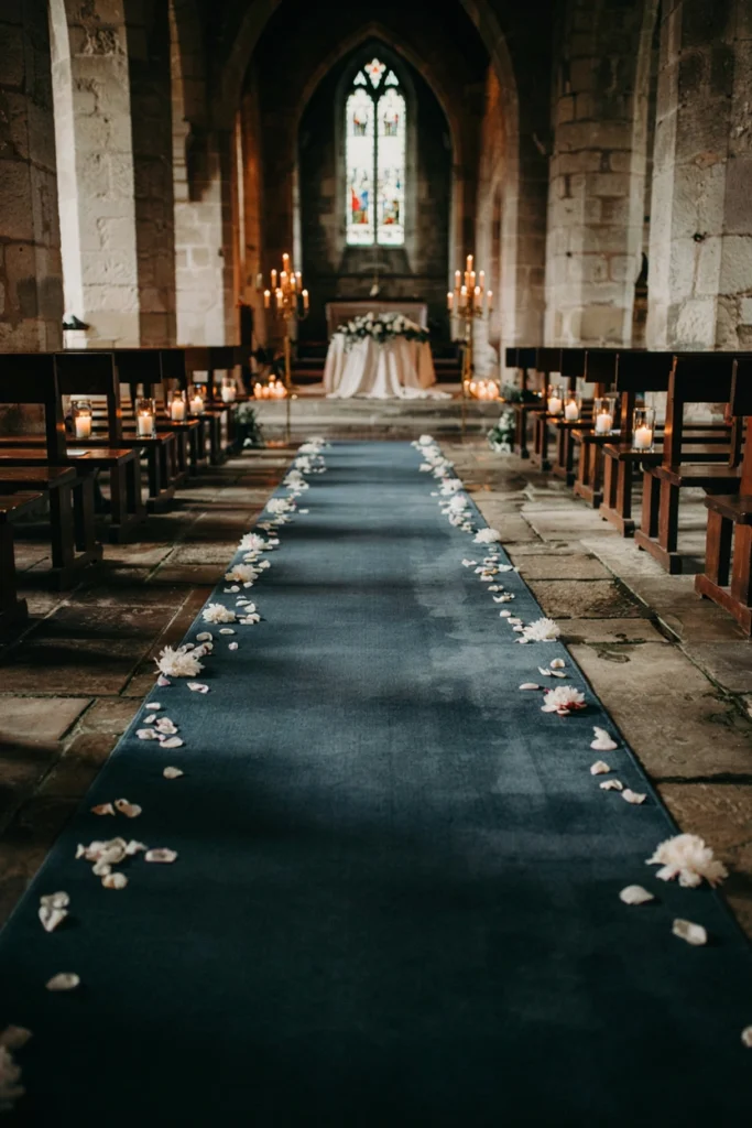 French blue velvet wedding aisle runner with scattered peony petals