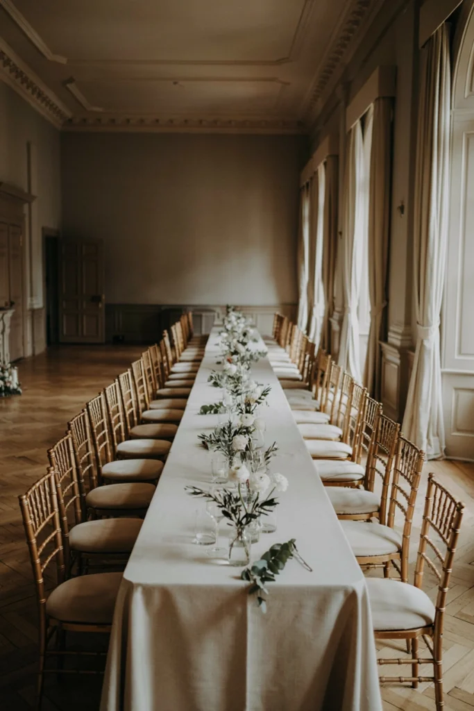 Gold chiavari chairs with ivory cushions at wedding reception