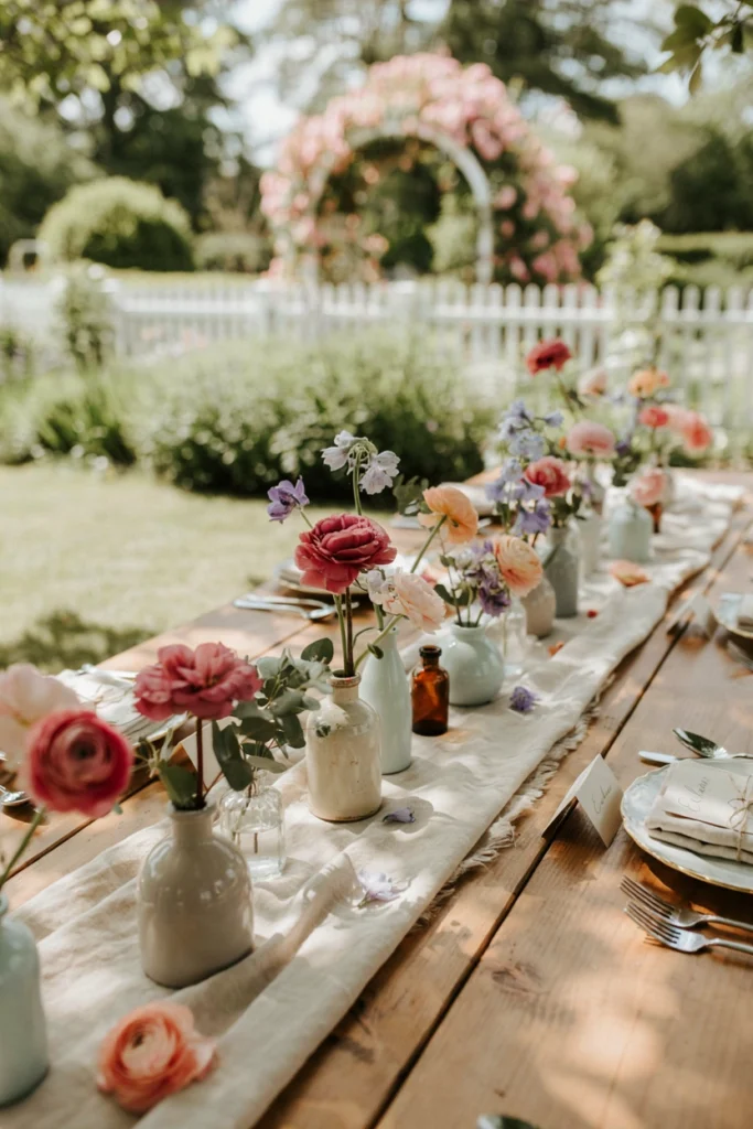 Boho fall tablescape with raspberry and terracotta florals in ceramic vessels, warm afternoon light