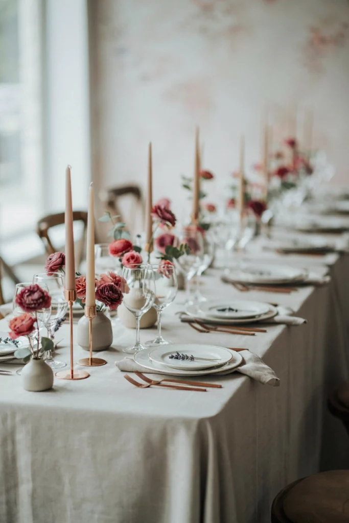 Sophisticated gray and raspberry table setting with rose gold flatware and minimalist florals