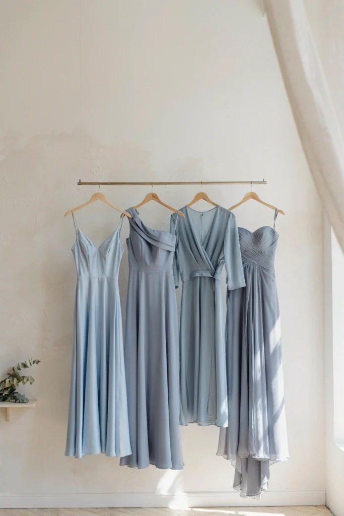Bridesmaids in mismatched French blue dress silhouettes standing outdoors