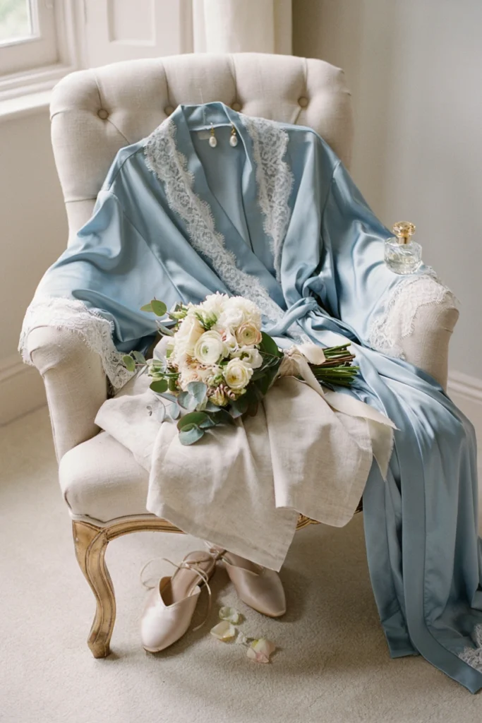 Bride in a French blue silk robe during wedding hair and makeup