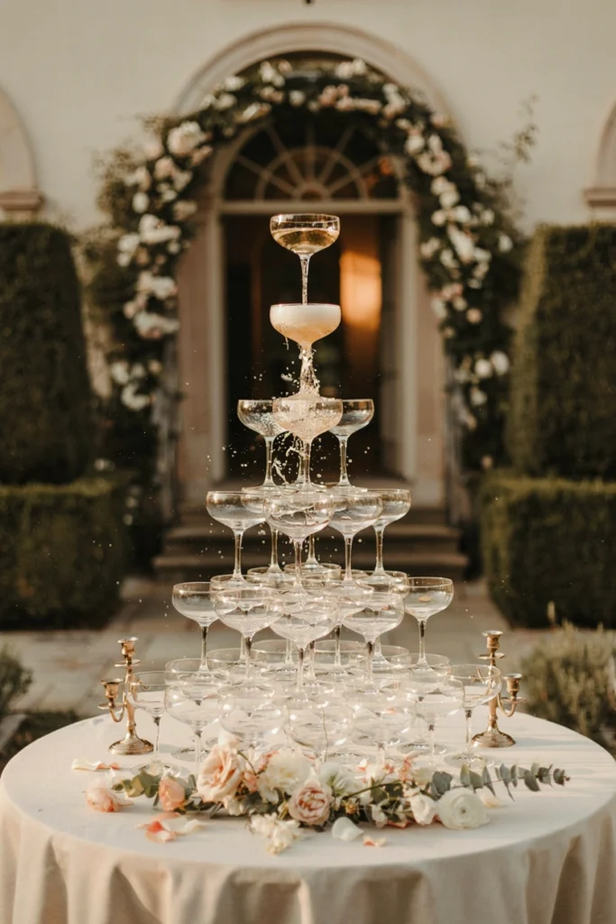 Champagne tower centerpiece for wedding cocktail hour
