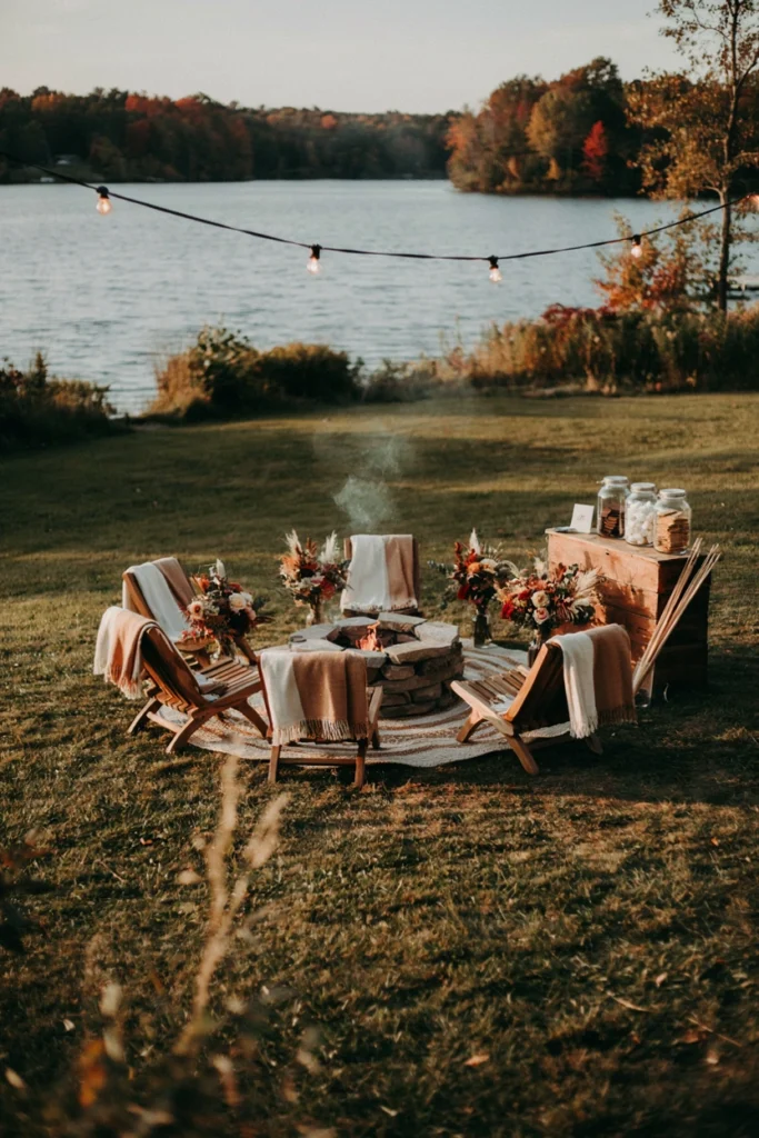 Cozy lakeside fire pit lounge with wool blankets and a s'mores station for a fall wedding