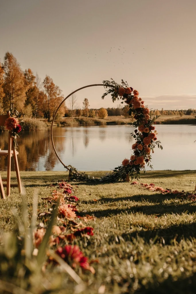 Circular copper and burgundy floral wedding arch standing at the edge of a lake
