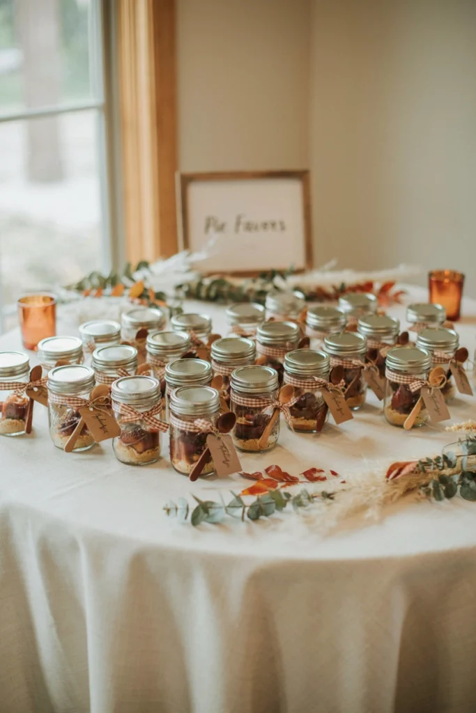 Mini pie jar wedding favors with lattice crust and gingham ribbon
