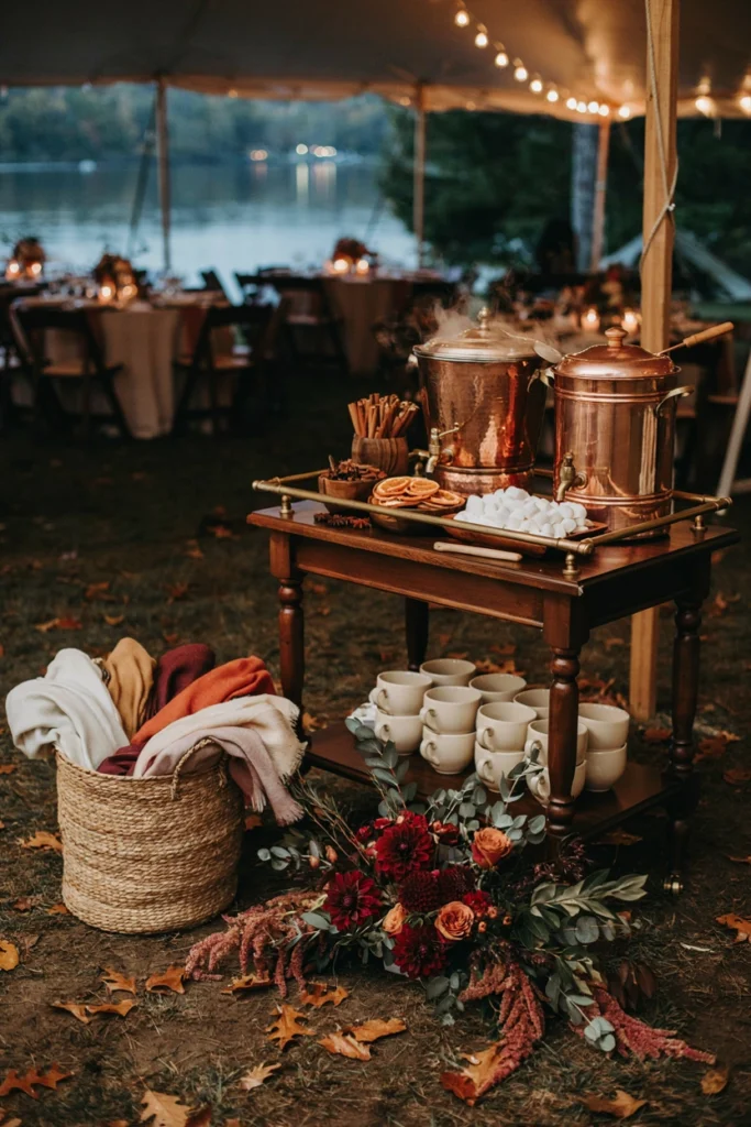 Small drink cart with mulled wine, hot cocoa, and folded wool blankets at a fall lake wedding