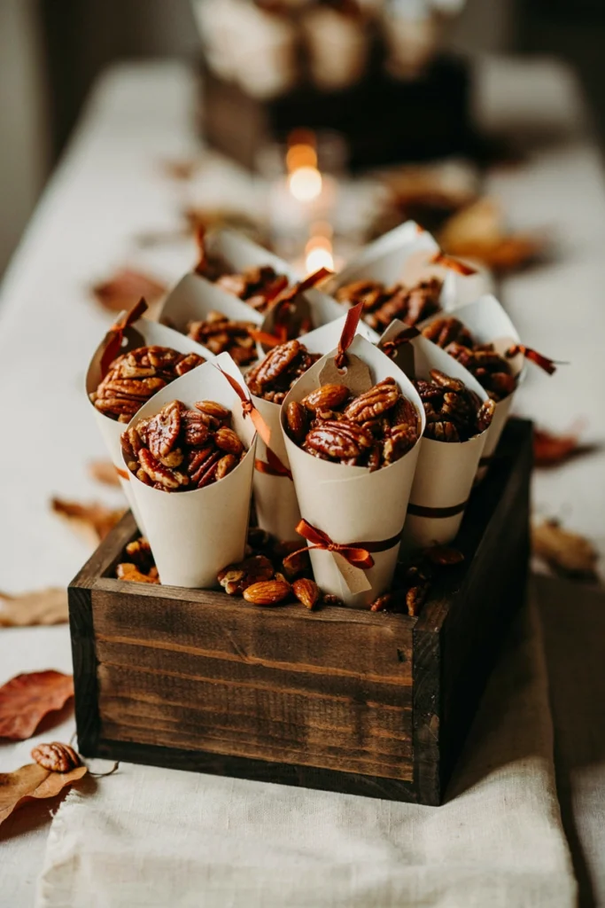Spiced nut mix cone wedding favors in a wooden crate