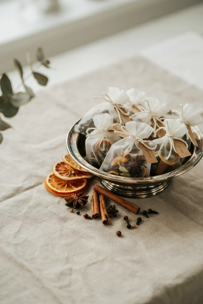 Spiced tea sachet wedding favors in muslin bags with dried orange peel