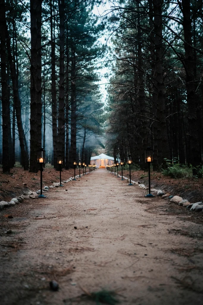 Row of glowing lanterns spaced along a dirt pathway at a campground wedding at dusk