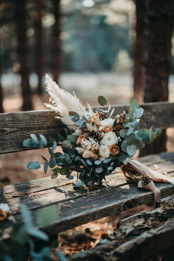 Winter wedding bouquet made of eucalyptus, small pinecones, and dried pampas grass