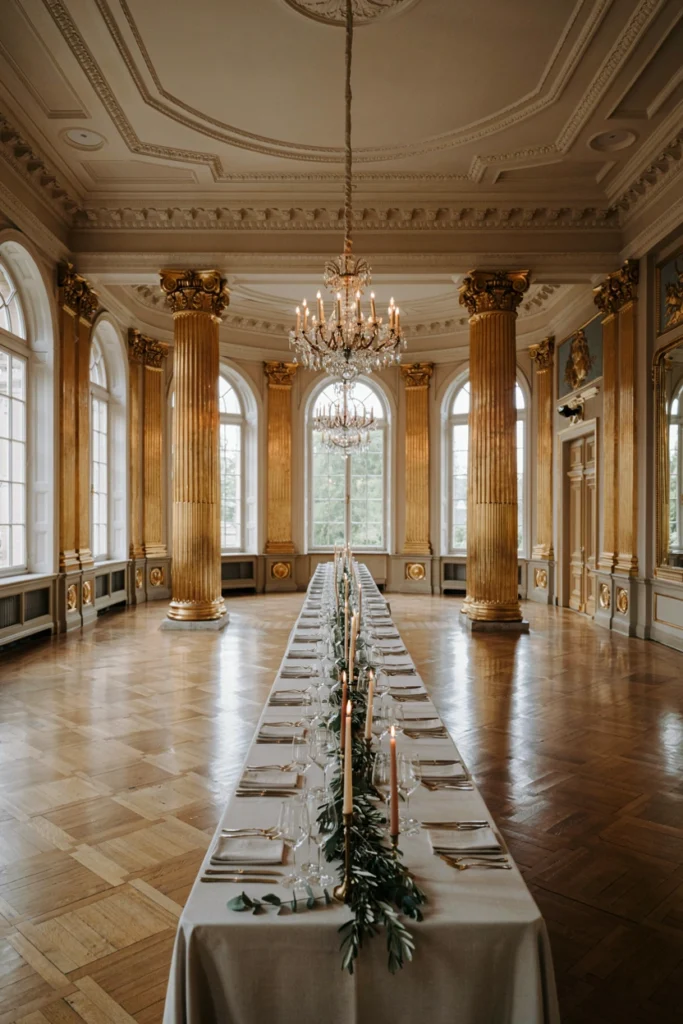 Ballroom wedding reception with gilded architecture and long tables