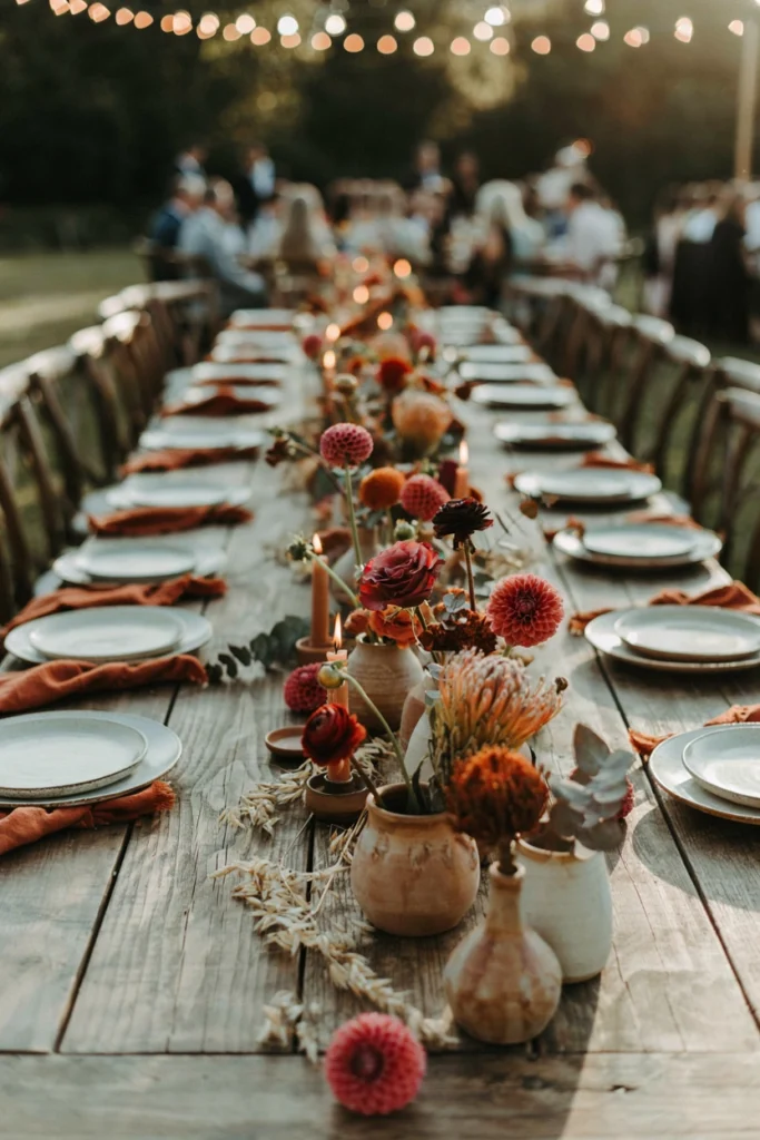Garden reception table with raspberry ranunculus, sage greenery, and cream linens in natural light