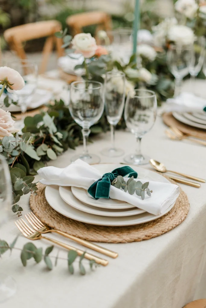 White napkin tied with emerald velvet ribbon and a eucalyptus sprig for a wedding place setting