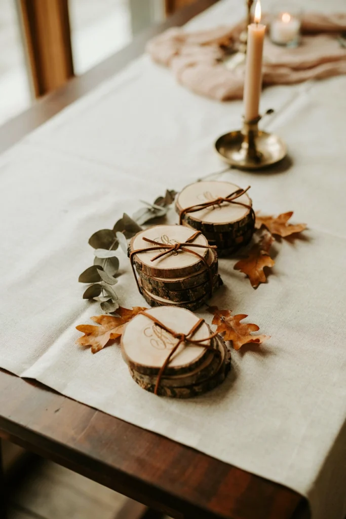 Engraved wood slice coaster wedding favors tied with leather cord