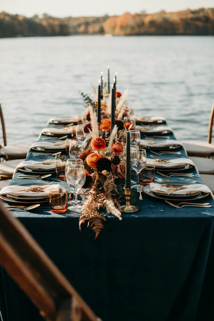 Moody navy velvet wedding tablescape with burnt orange florals and black taper candles by a lake
