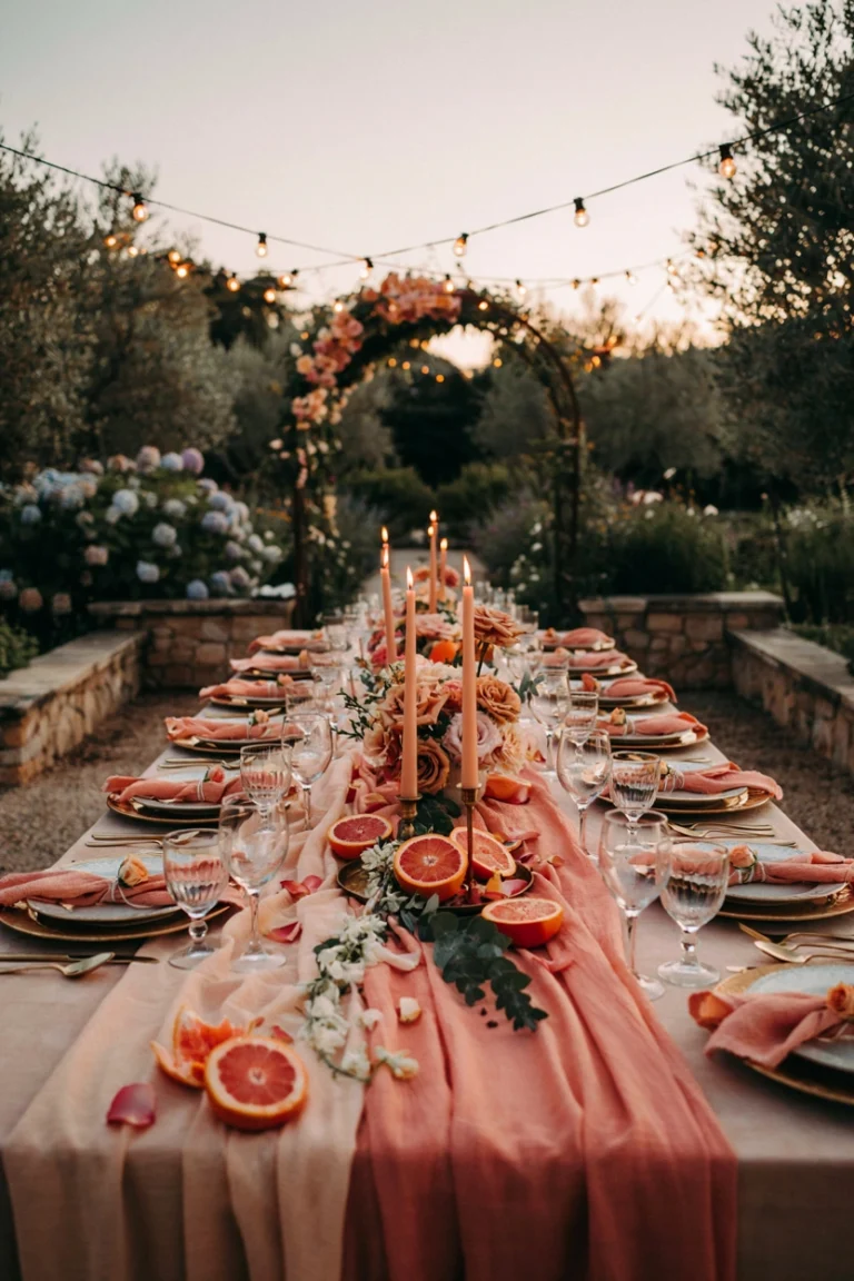 A styled bridal shower tablescape at golden hour — coral and peach linens, a citrus-and-floral centerpiece, and string lights just starting to glow against a warm dusky sky.