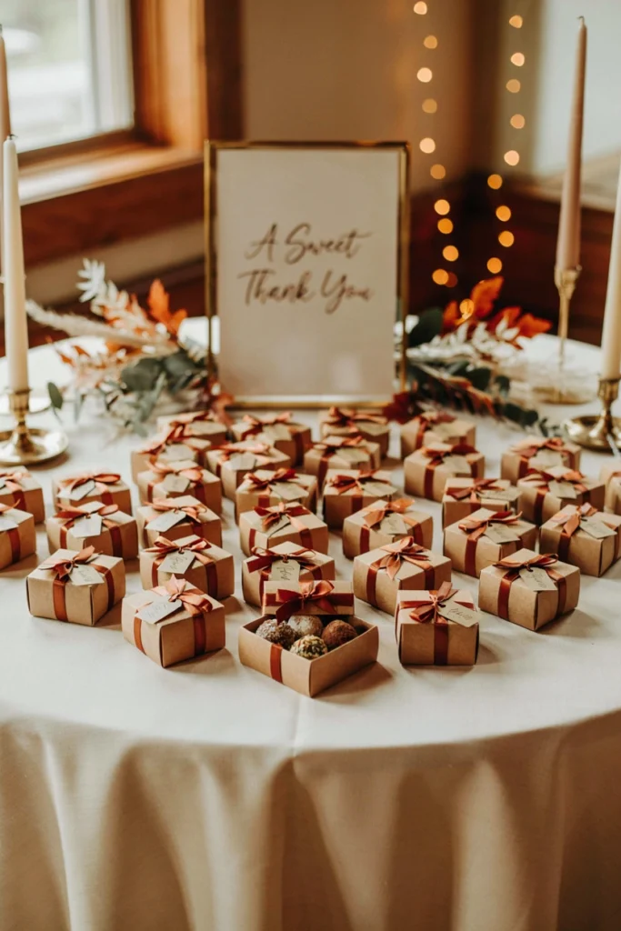 Chocolate truffle box wedding favors tied with copper ribbon