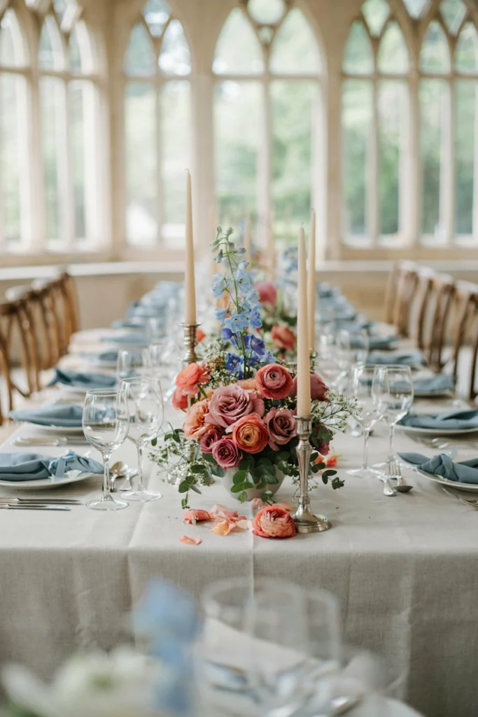 Black-tie reception table with black linens, raspberry florals, and gold rimmed glassware