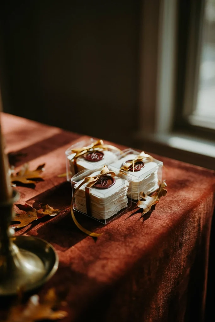 Wax-sealed paper coaster wedding favors with burgundy monogram seal