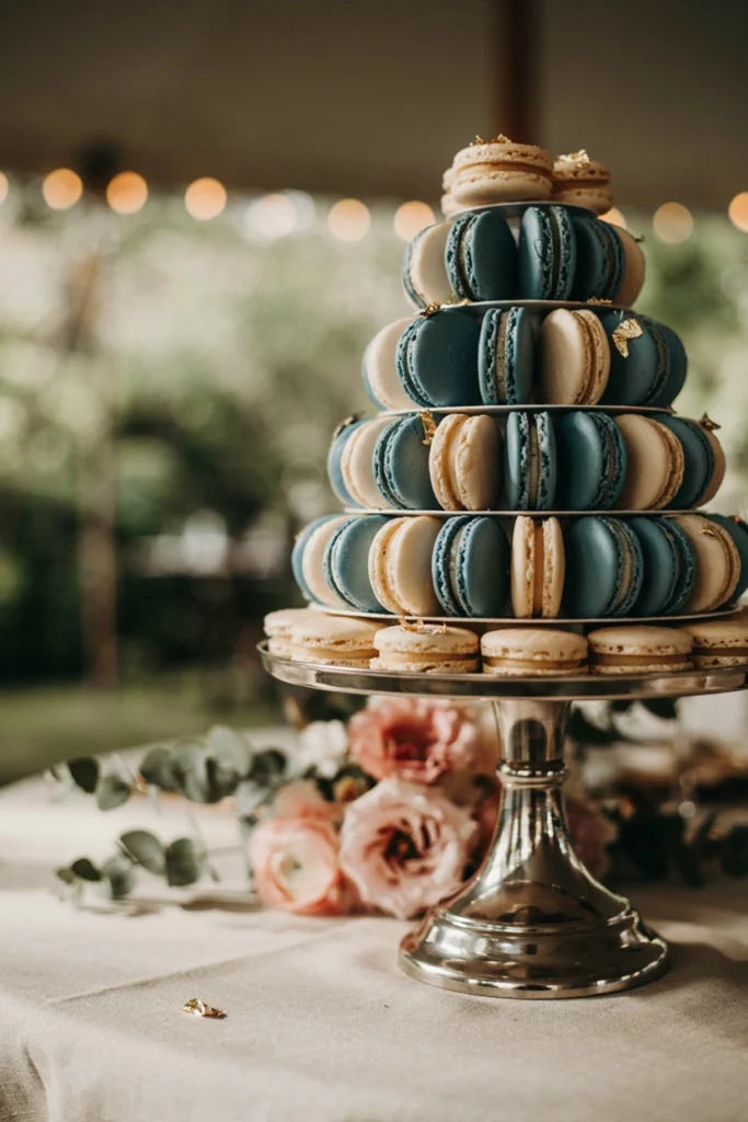 French blue and ivory macaron tower finished with gold leaf