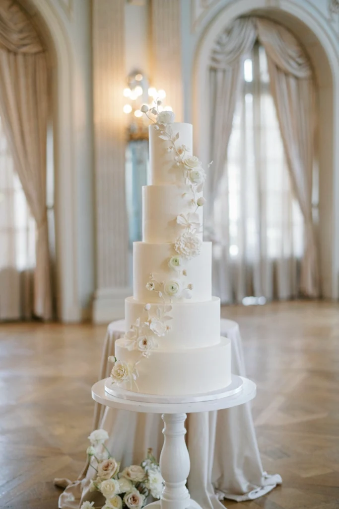 Sculptural white floral wedding cake display