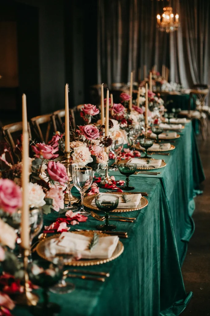Emerald and raspberry velvet-linen tablescape with gold candlesticks and dramatic floral clusters