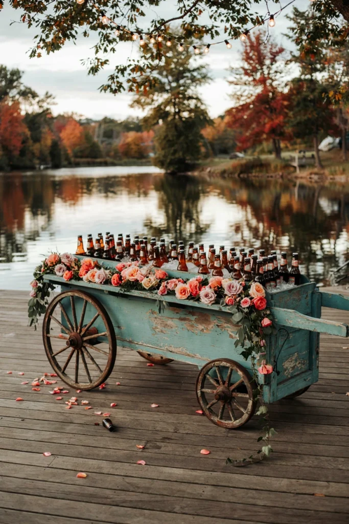 Weathered turquoise antique cart displaying craft beer and cider bottles with garden roses