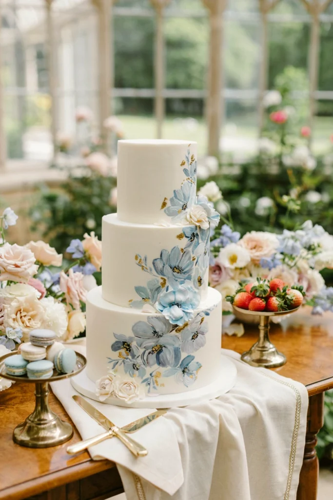 Hand-painted French blue watercolor wedding cake with gold leaf accents