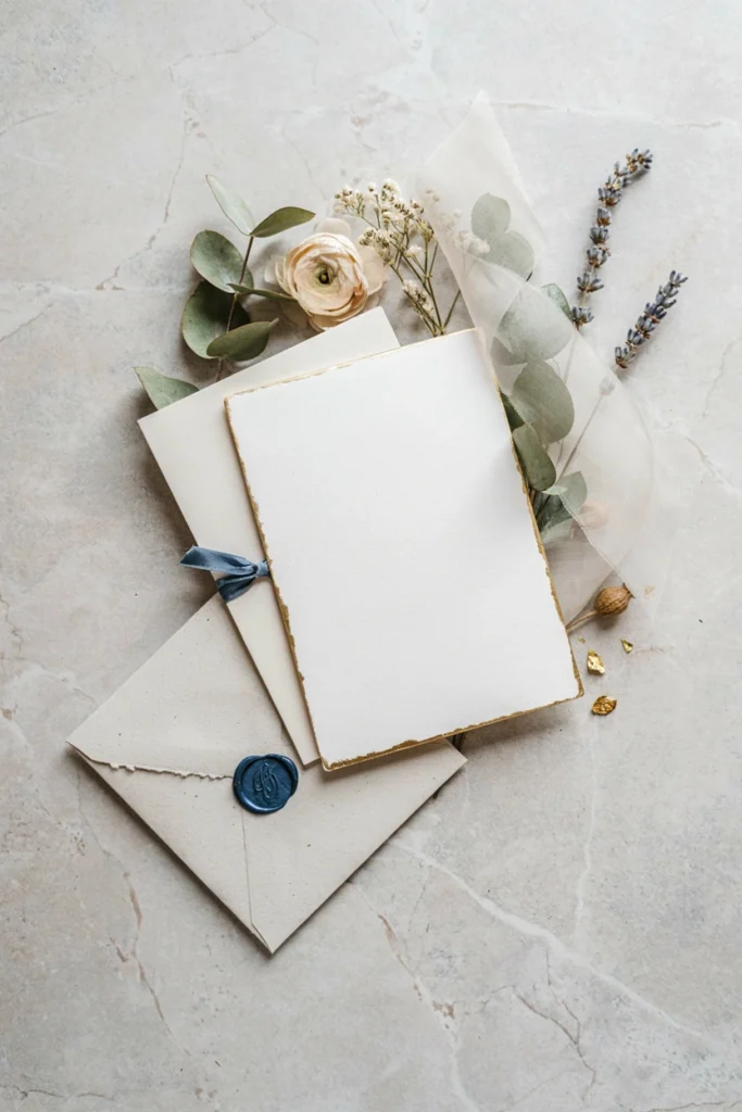 French blue wax-sealed wedding invitation suite with gold foil lettering