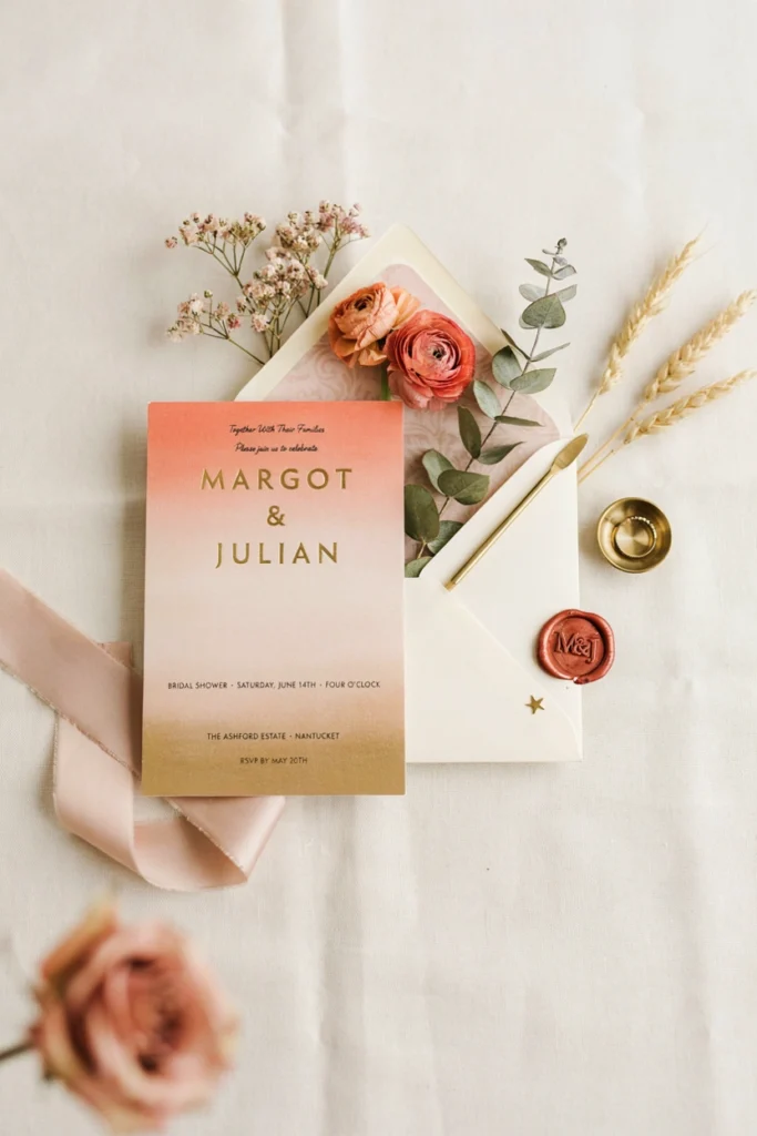 A flat-lay of an invitation card in a coral-to-gold gradient design, paired with a wax seal, a small dried flower, and coordinating envelope liner