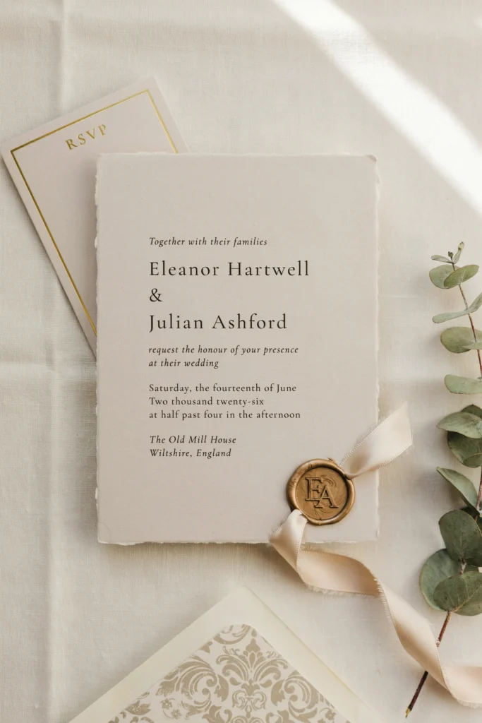 Champagne wedding invitation suite sealed with a raised metallic gold wax stamp