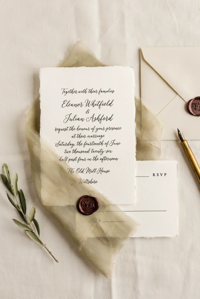 Wedding invitation flat lay with olive vellum wrap and plum wax seal