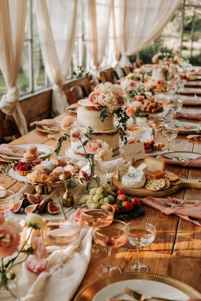 An abundant grazing spread mixing cakes, fruit, pastries, and a few glasses of rosé or a sunset cocktail all layered together on one long table
