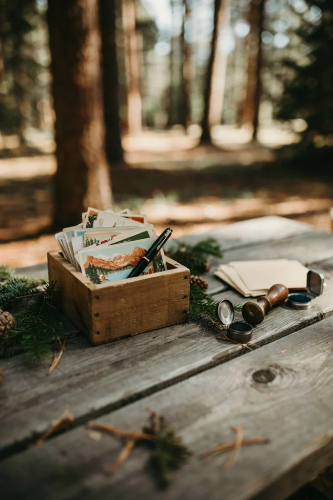 Overhead shot of a vintage postcard guest book station with a labeled tin for collecting cards