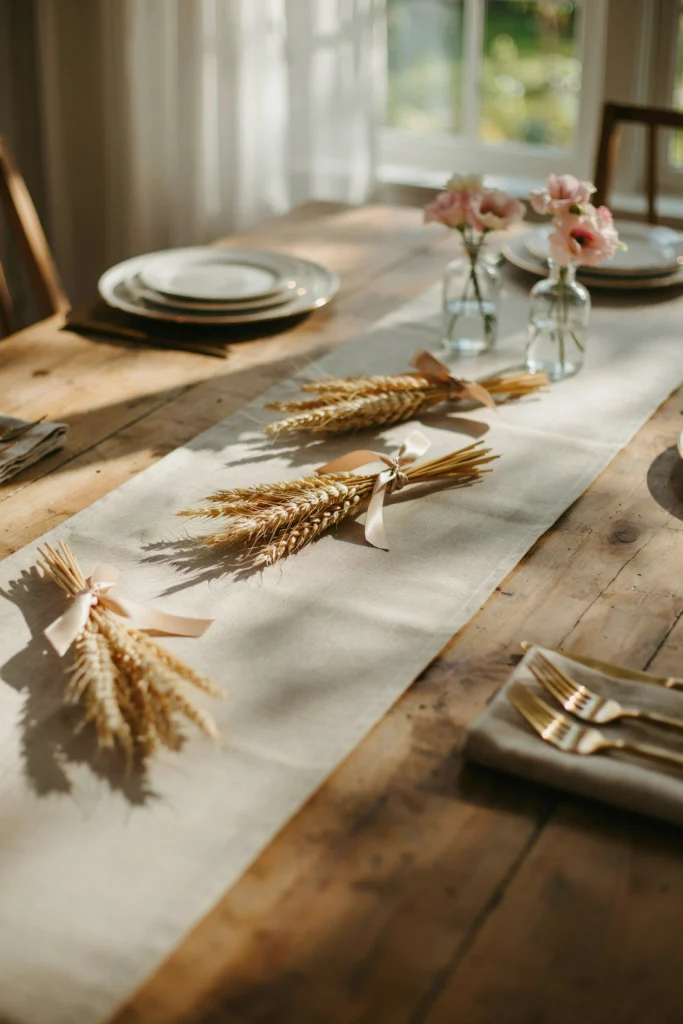 Dried wheat stalks tied with champagne ribbon laid across a table runner as a centerpiece