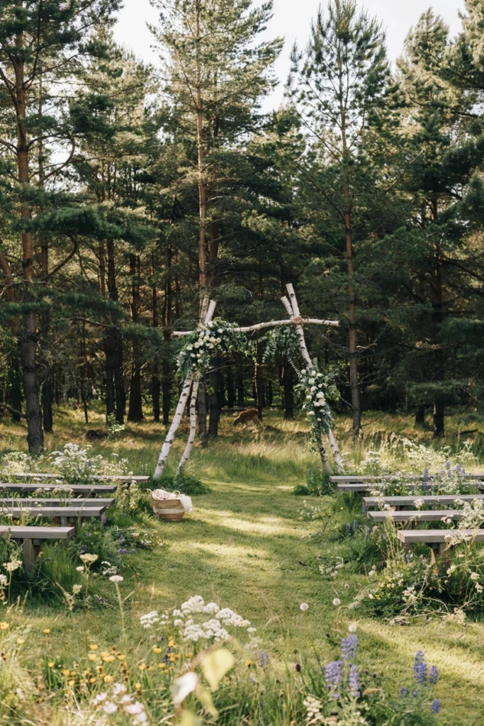 Restored pastel-colored vintage camper trailer parked at a campsite and dressed with a floral swag as a wedding photo backdrop