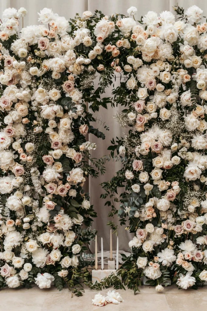 Full wedding ceremony backdrop wall covered in an oversized garland of white peonies and garden roses