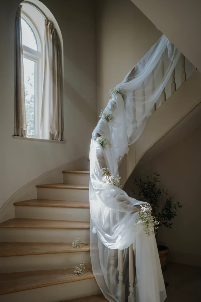 Indoor staircase banister wrapped in sheer chiffon fabric threaded with clusters of baby's breath