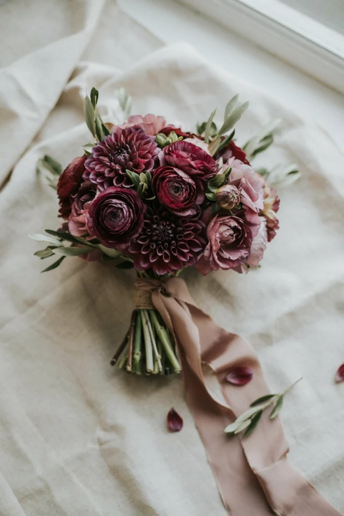 Deep plum dahlia and ranunculus bridal bouquet with olive leaf accents