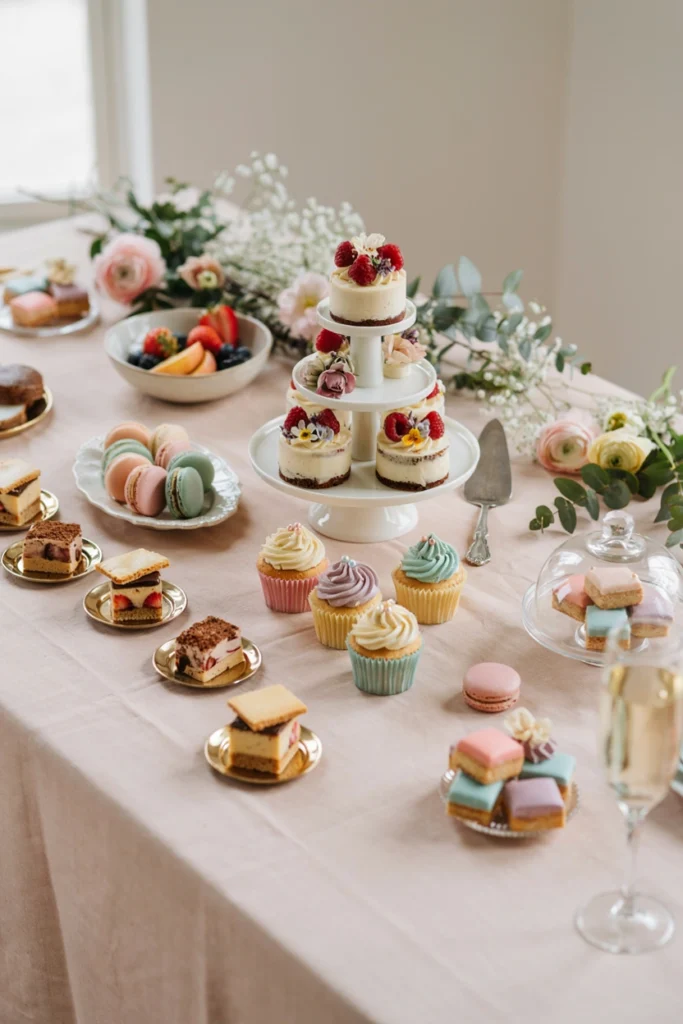 Small pastel-pink treats and bite-size sweets arranged on soft pink linen with fresh fruit tucked between them