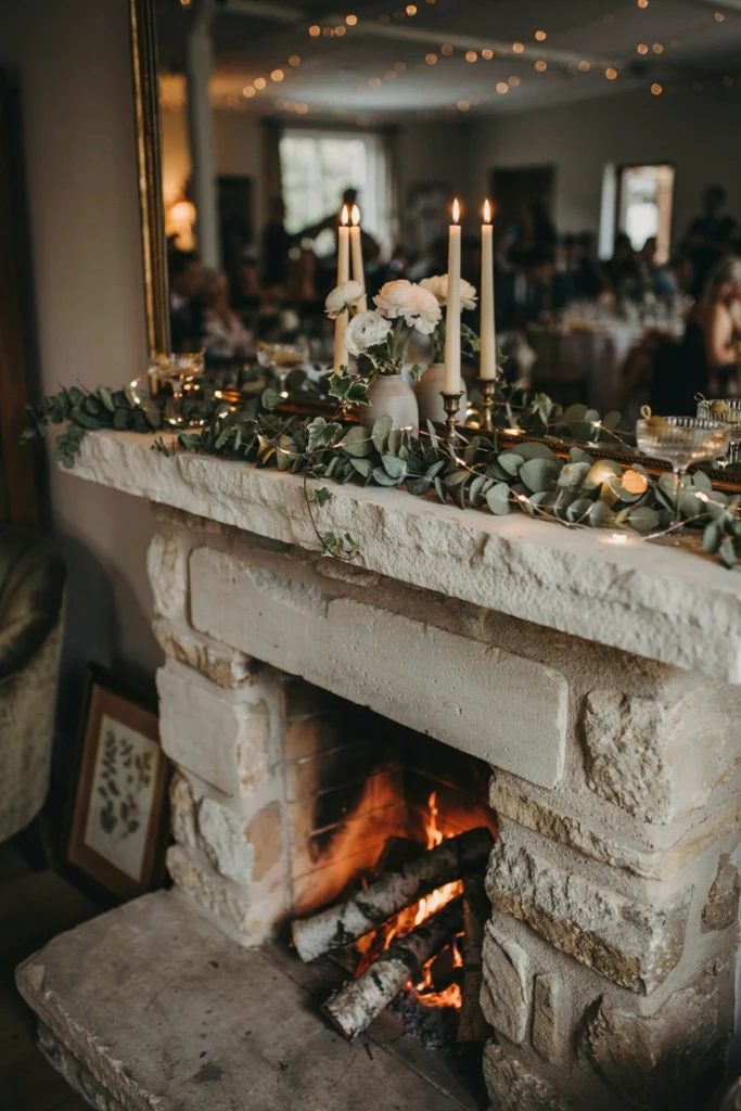 Fireplace mantel draped in a faux greenery garland woven with warm white fairy lights
