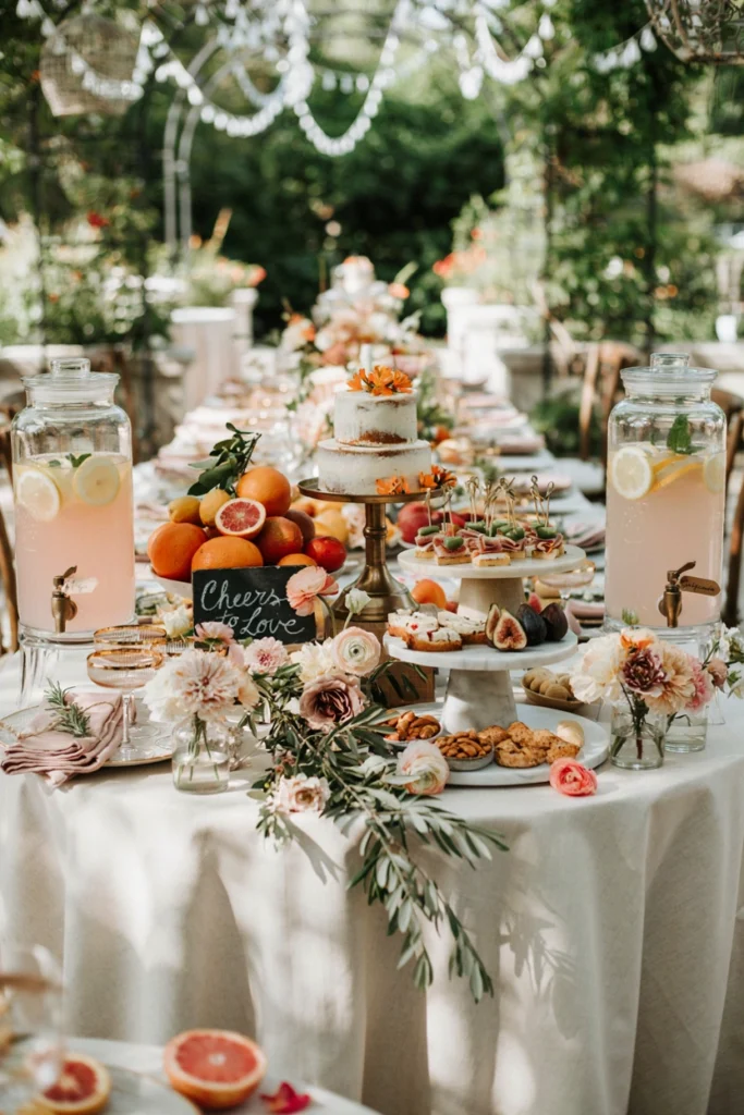 A grazing table styled with citrus wedges, pink lemonade, fresh florals, and small bites arranged at varying heights on stands and vases