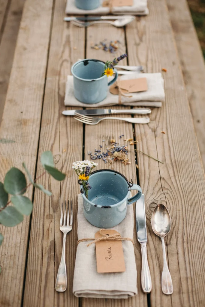 Enamel camp mug place setting with wildflowers on a rustic wedding reception table