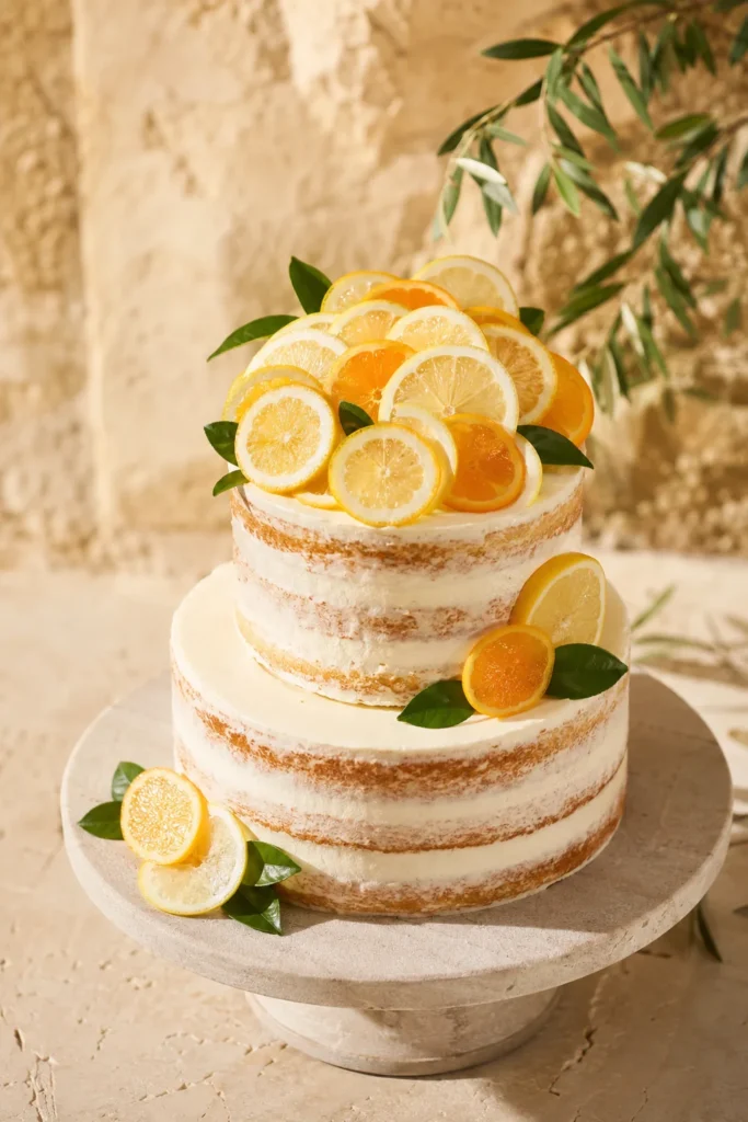 Two-tier naked sponge wedding cake with bright yellow and pale orange citrus wheels arranged on top and green citrus leaves tucked between fruits