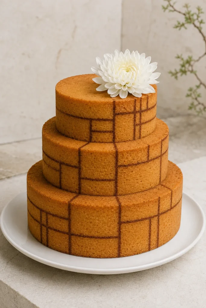 Three-tier bare sponge wedding cake with geometric cocoa powder lines and single white chrysanthemum flower on white plate